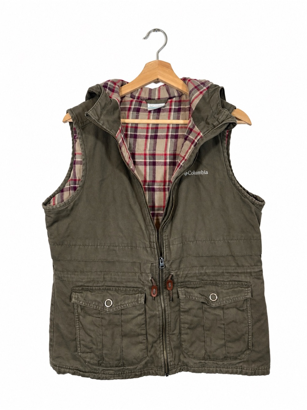 Columbia Hooded Utility Cargo Vest Size L Green Gorpcore Outdoor Hiking Utility